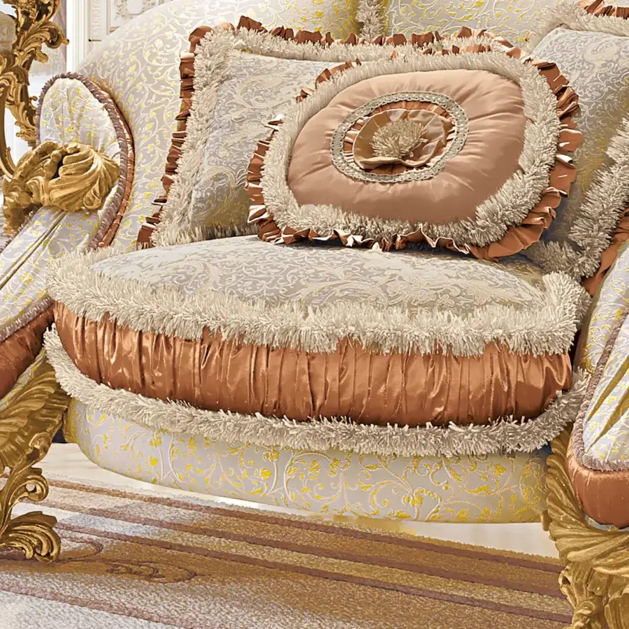 Distinguished Riva Mobili D'Arte 22161 lounge chair with enveloping curves, hand-carved floral reliefs, pale blue textile upholstery and glossy golden wood frame