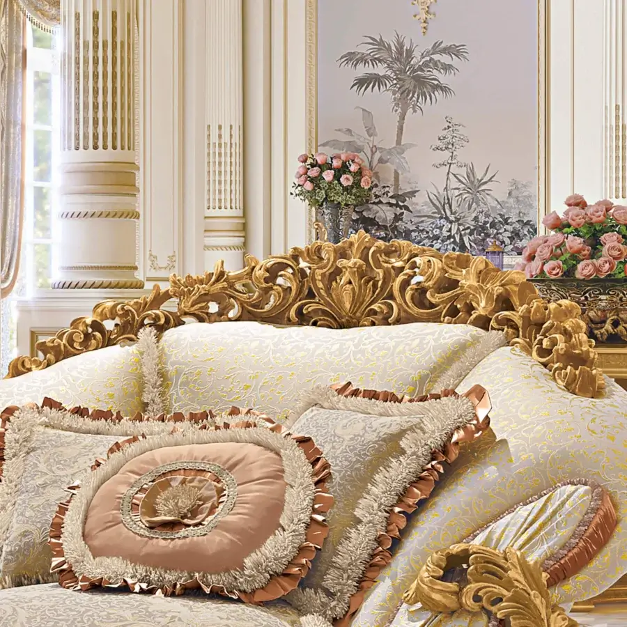 Exquisite Riva Mobili D'Arte 22161 lounge chair crafted with wood, showcasing golden sheen and hand-carved floral reliefs in cream and pale blue