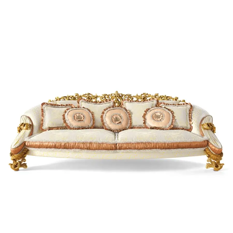 Superior Riva Mobili D'Arte 22163 sofa with sweeping curves, golden wood frame and cream patterned upholstery finish