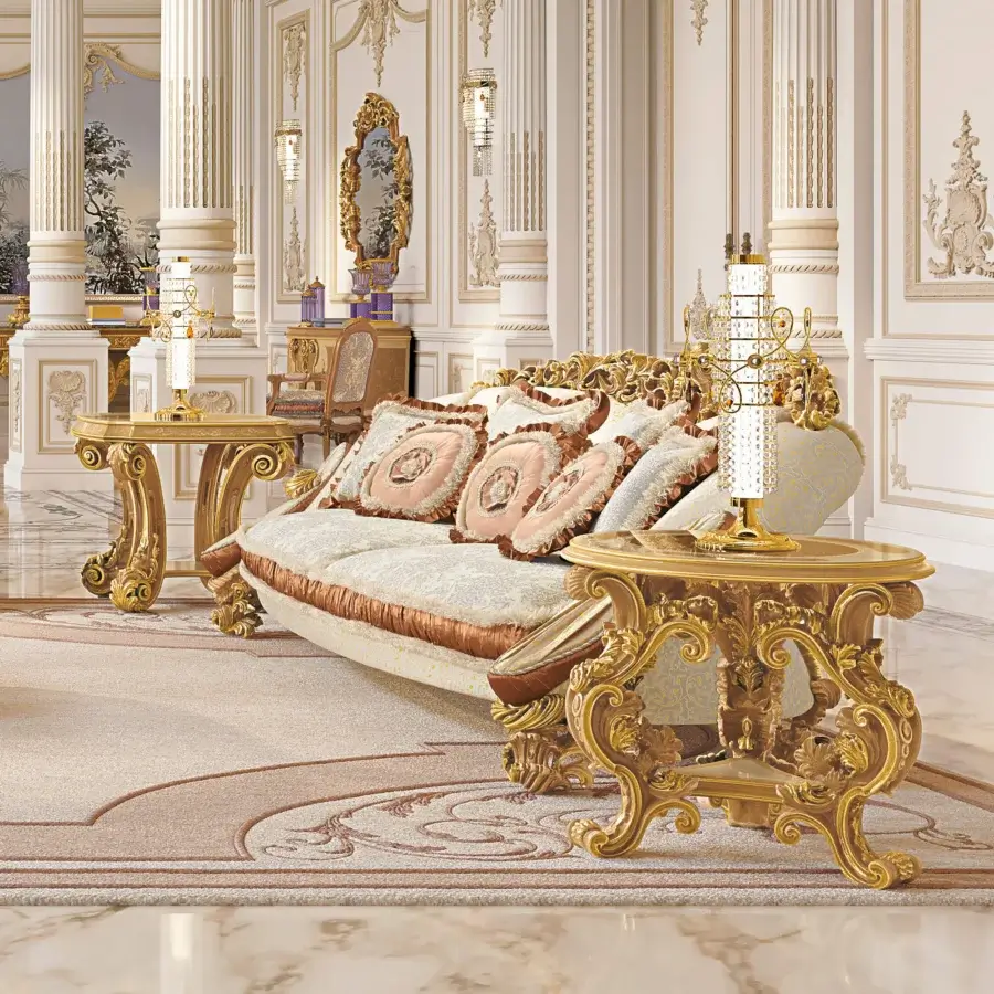 Distinguished Riva Mobili D'Arte 22163 sofa handcrafted in Italy with sinuous curves, floral motifs, cream and pale rose upholstery, golden finish