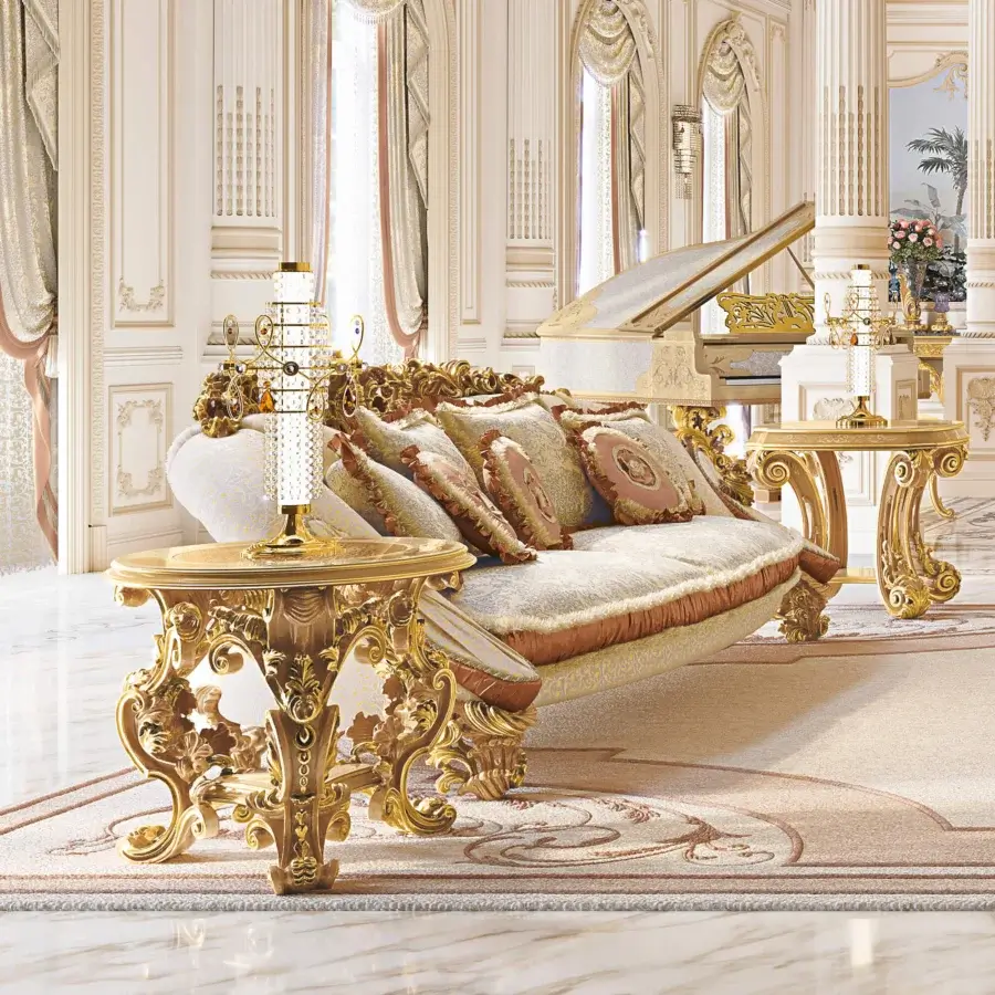 Lavish Riva Mobili D'Arte 22163 sofa handcrafted with curved lines, floral motifs and glossy golden wood finish in cream and pale rose textile