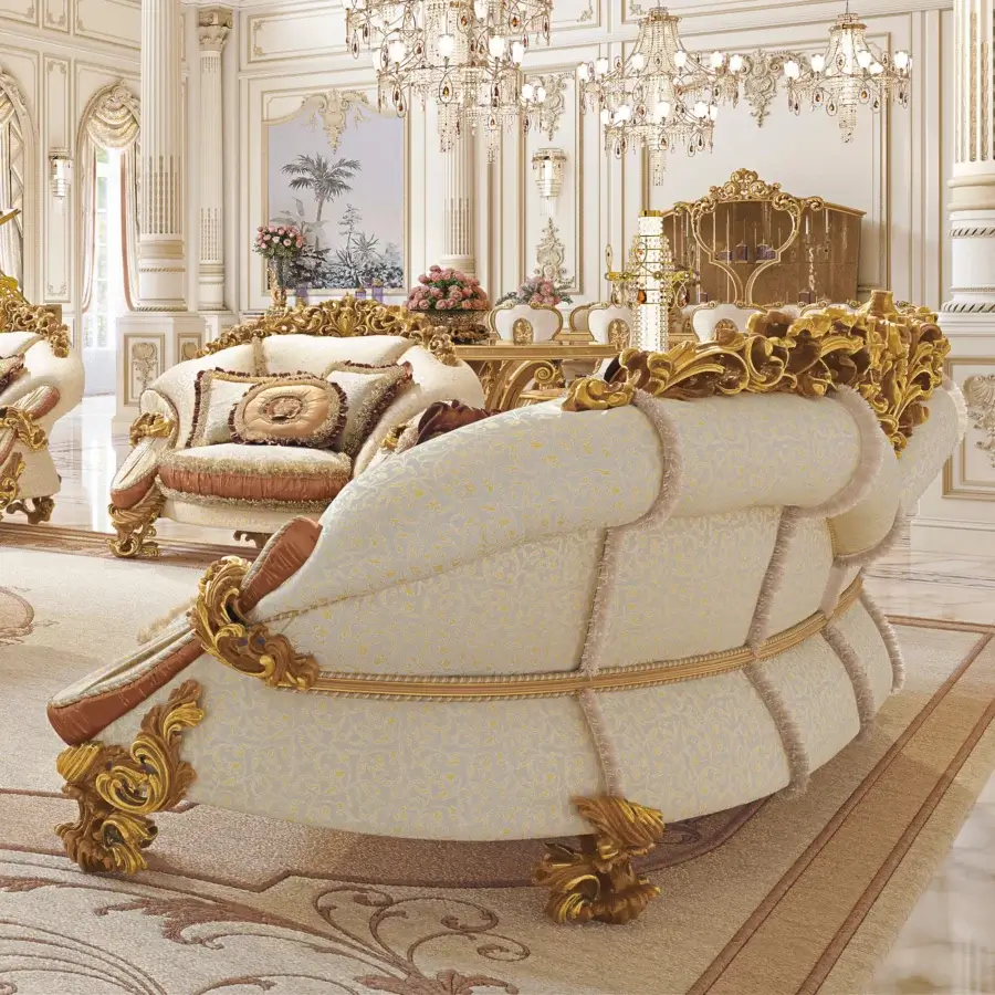 Superior Riva Mobili D'Arte 22163 sofa handcrafted with cream and pale gold patterned textile, gold-tone wood frame built with floral carvings