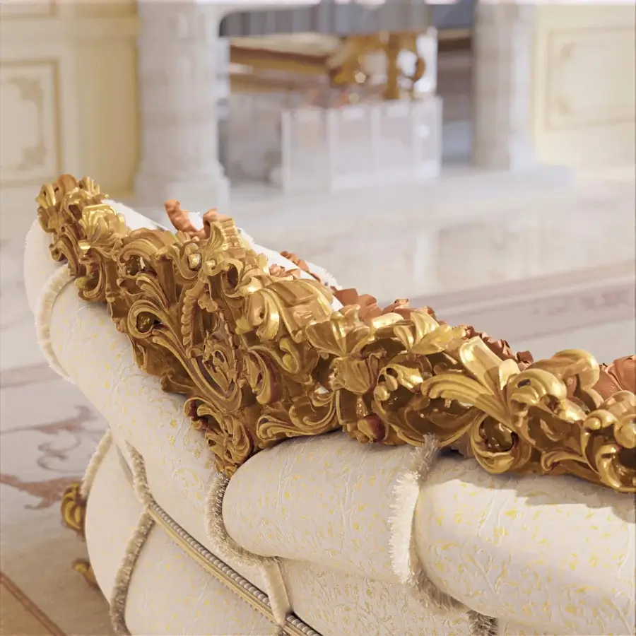 Distinguished Riva Mobili D'Arte 22163 sofa crafted in ornamented wood with glossy golden sheen and creamy white patterned upholstery