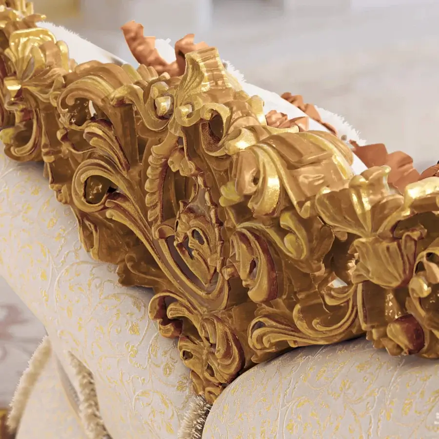 Lavish Riva Mobili D'Arte 22163 sofa handcrafted in gilded wood with cream textile and gold detailing