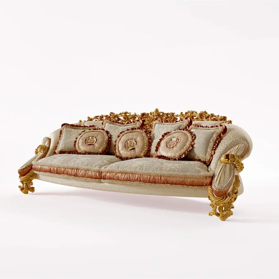 Exceptional Riva Mobili D'Arte 22163 sofa crafted in glossy golden wood with textured beige and cream floral textile