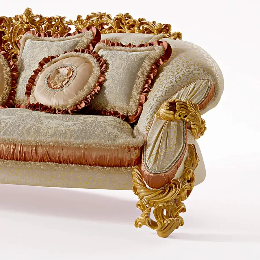 Sumptuous Riva Mobili D'Arte 22163 sofa built in glossy golden wood with patterned satin upholstery and reddish-brown accents