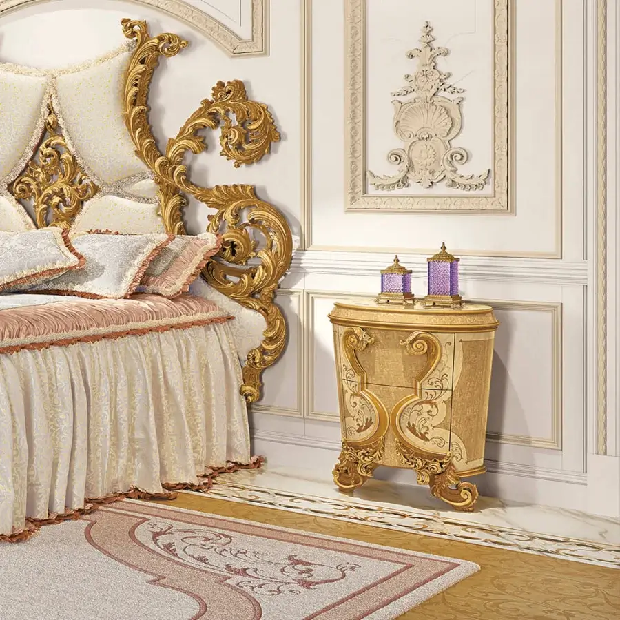 Distinguished Riva Mobili D'Arte 22031 nightstand crafted in wood with gilded detailing and satin sheen finish