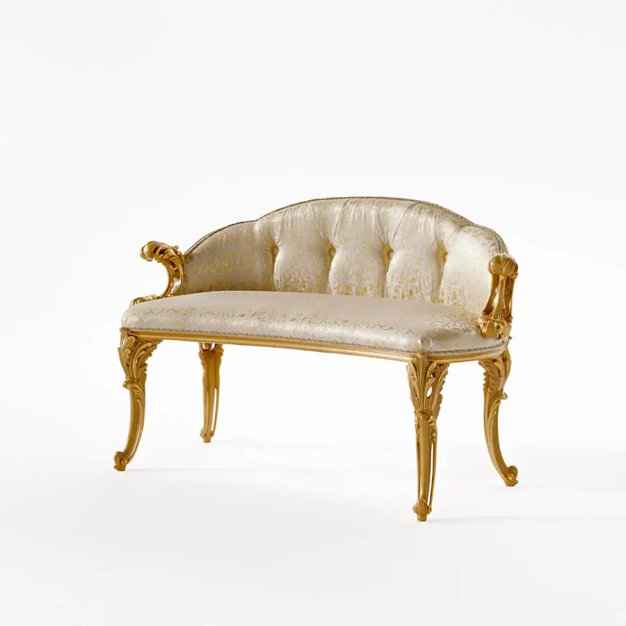 Lavish Riva Mobili D'Arte 22040 bench crafted in gold with botanical relief motifs and cream floral textile upholstery