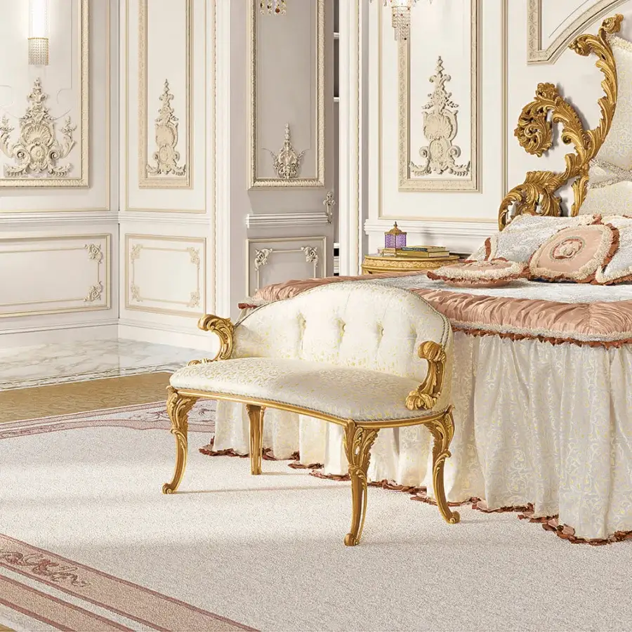 Exceptional Riva Mobili D'Arte 22040 bench crafted in cream upholstery and gold tone with botanical relief motifs