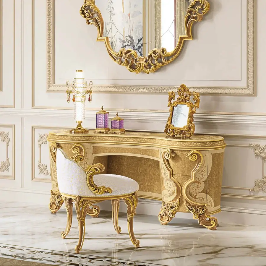 Superior Riva Mobili D'Arte 22032 vanity desk crafted in wood with golden yellow finish and ornate floral carvings