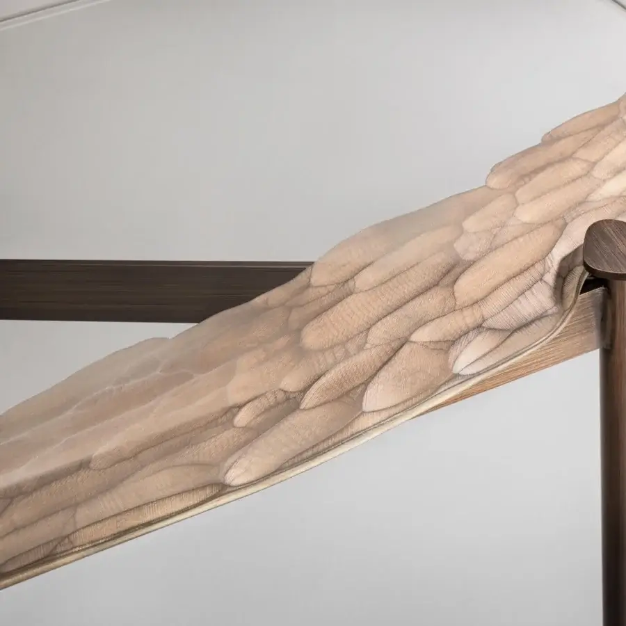 Elegant Arte Veneziana Ferret console built with burnished brass metal and extra-clear glass exhibiting a satin finished wood with petal-like texture
