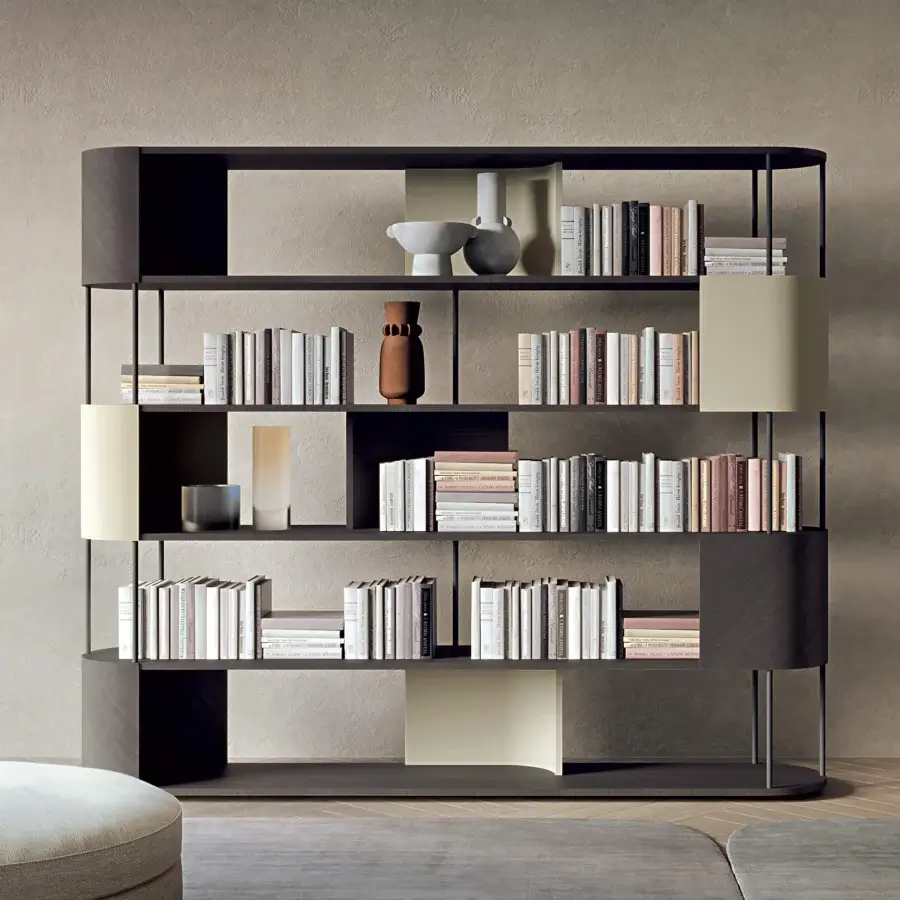 Distinguished Carpanelli Gae bookcase crafted in medium brown wood with pale beige shelf inserts and satin finish