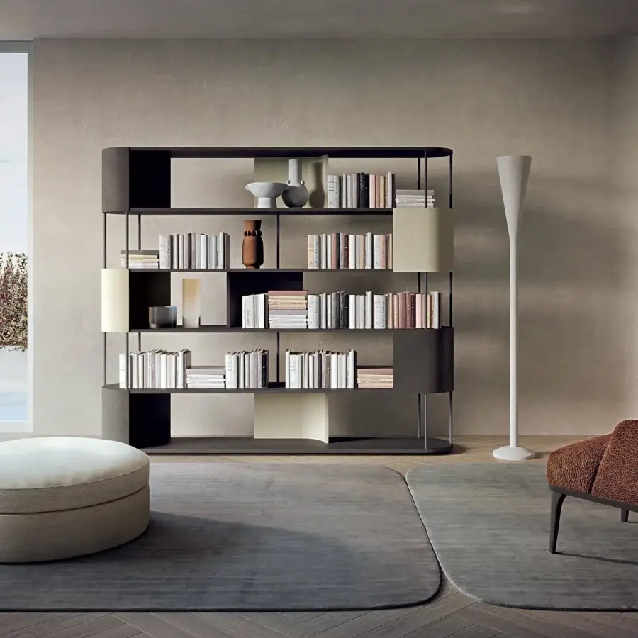 Sophisticated Carpanelli Gae bookcase built in dark gray-brown wood with a black metal frame and satin finish
