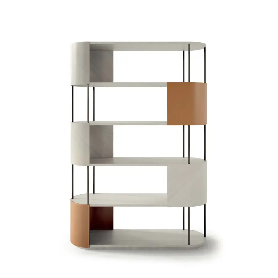 Distinguished Carpanelli Gae bookcase crafted in light neutral and reddish-brown wood with a curved silhouette and refined sculptural presence