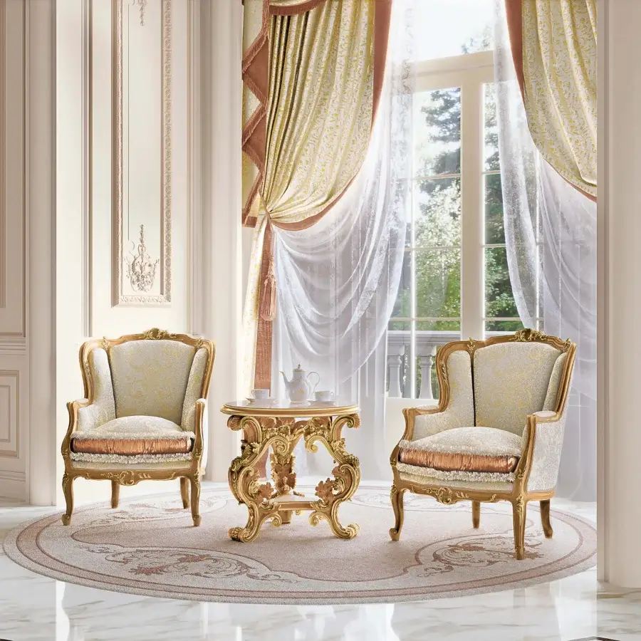 Distinguished Riva Mobili D'Arte 6821 lounge chair crafted in creamy beige satin with a gilded, hand-carved wood frame