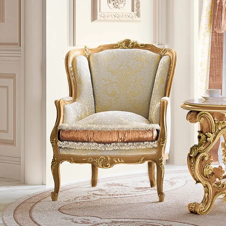 Exquisite Riva Mobili D'Arte 6821 lounge chair with glossy golden wood and cream patterned textile upholstery
