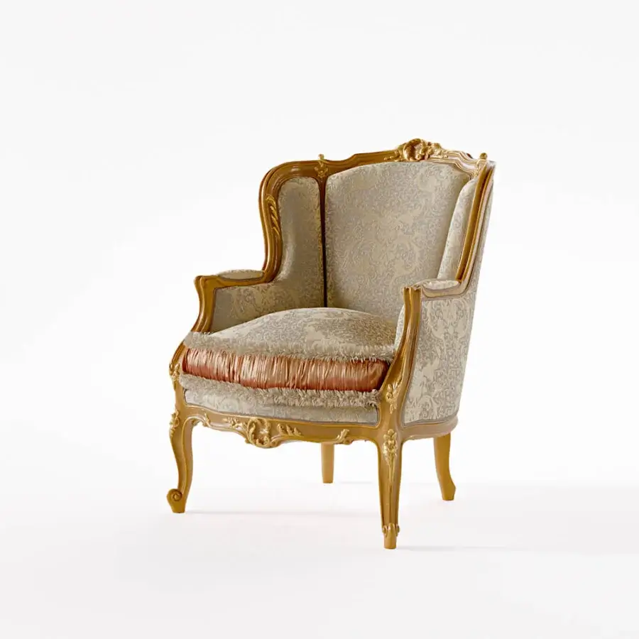 Superior Riva Mobili D'Arte 6821 lounge chair crafted with floral reliefs in glossy golden wood and patterned beige-gold textile