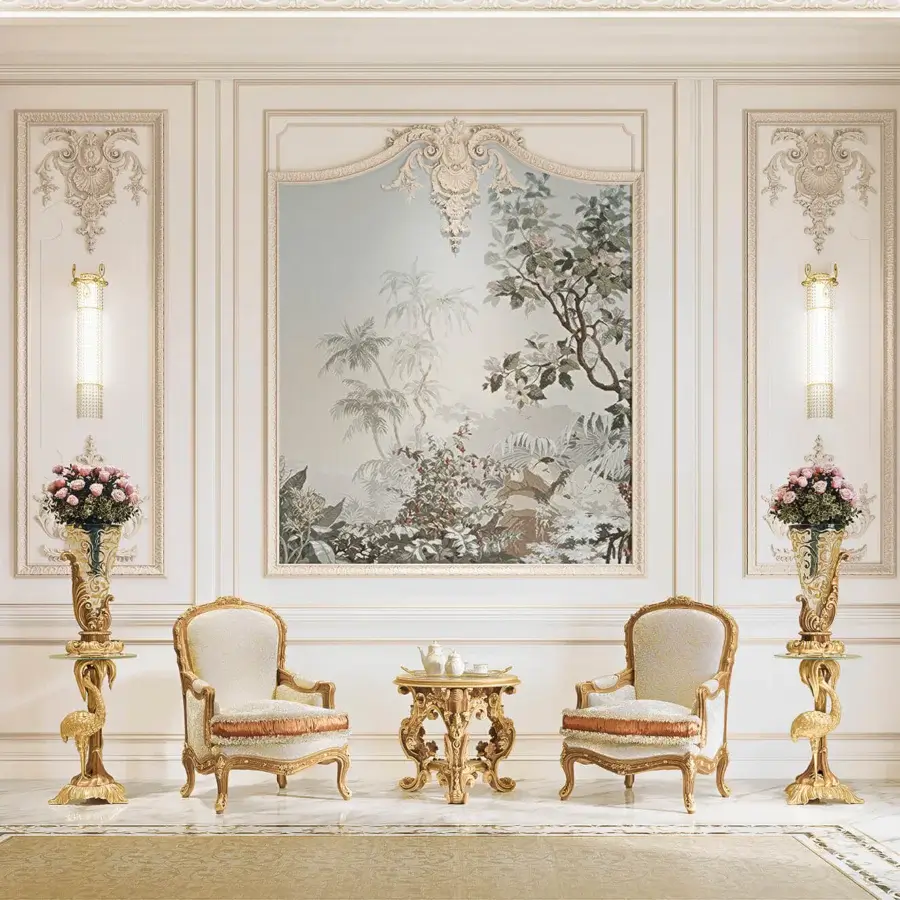Exquisite Riva Mobili D'Arte 6822 lounge chair crafted with cream textile upholstery and gilded hand-carved relief motifs