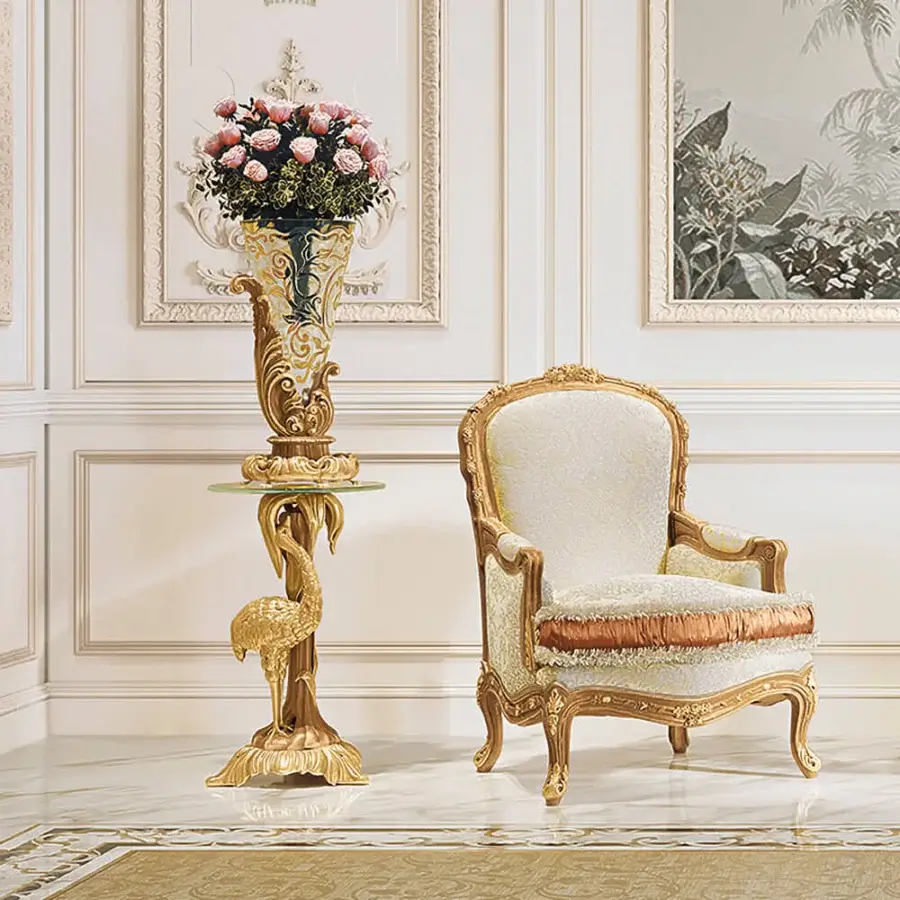 Distinguished Riva Mobili D'Arte 1320 side table with a radiant glossy gold tone wooden frame and delicate relief motifs