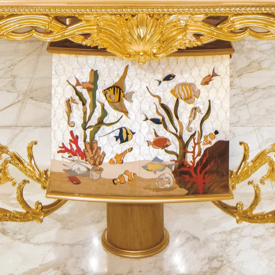 Superior Riva Mobili D'Arte 22001 fish tank crafted in solid wood with a glossy golden finish and vibrant mosaic artwork