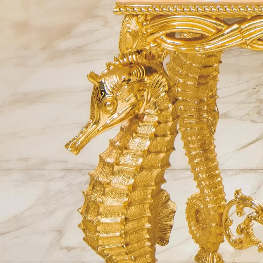 Exquisite Riva Mobili D'Arte 22001 fish tank crafted in solid wood with a saturated gold sculpted seahorse design and high-relief detailing