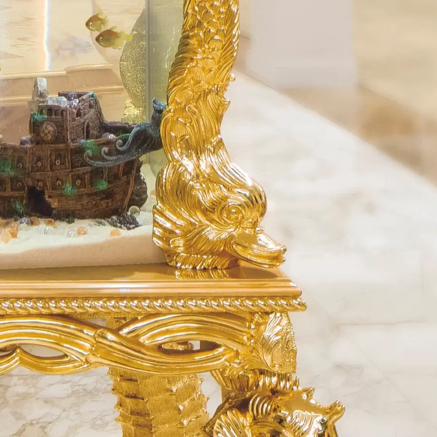 Lavish Riva Mobili D'Arte 22001 fish tank built in solid wood with floral reliefs and sculpted marine life in reflective gold finish