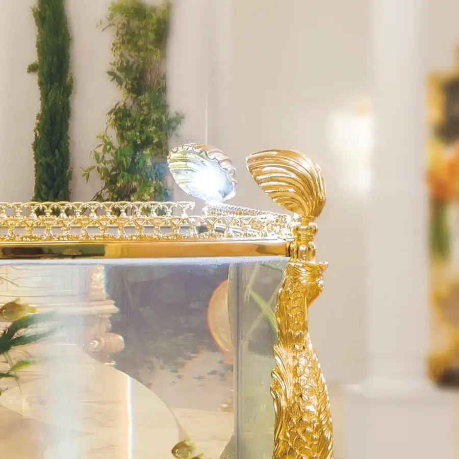 Superior Riva Mobili D'Arte 22001 fish tank built in solid wood with bright gold-toned metal and intricate scrolling floral motifs