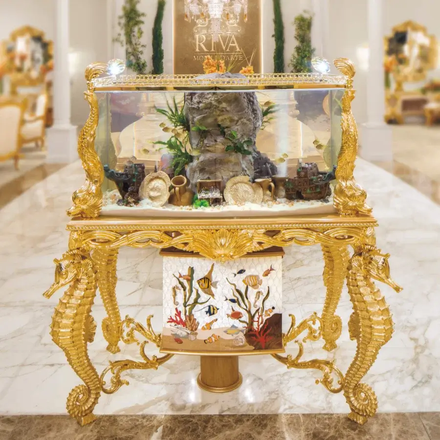 Distinguished Riva Mobili D'Arte 22001 fish tank built in heavily sculpted, gilded solid wood with a glossy finish