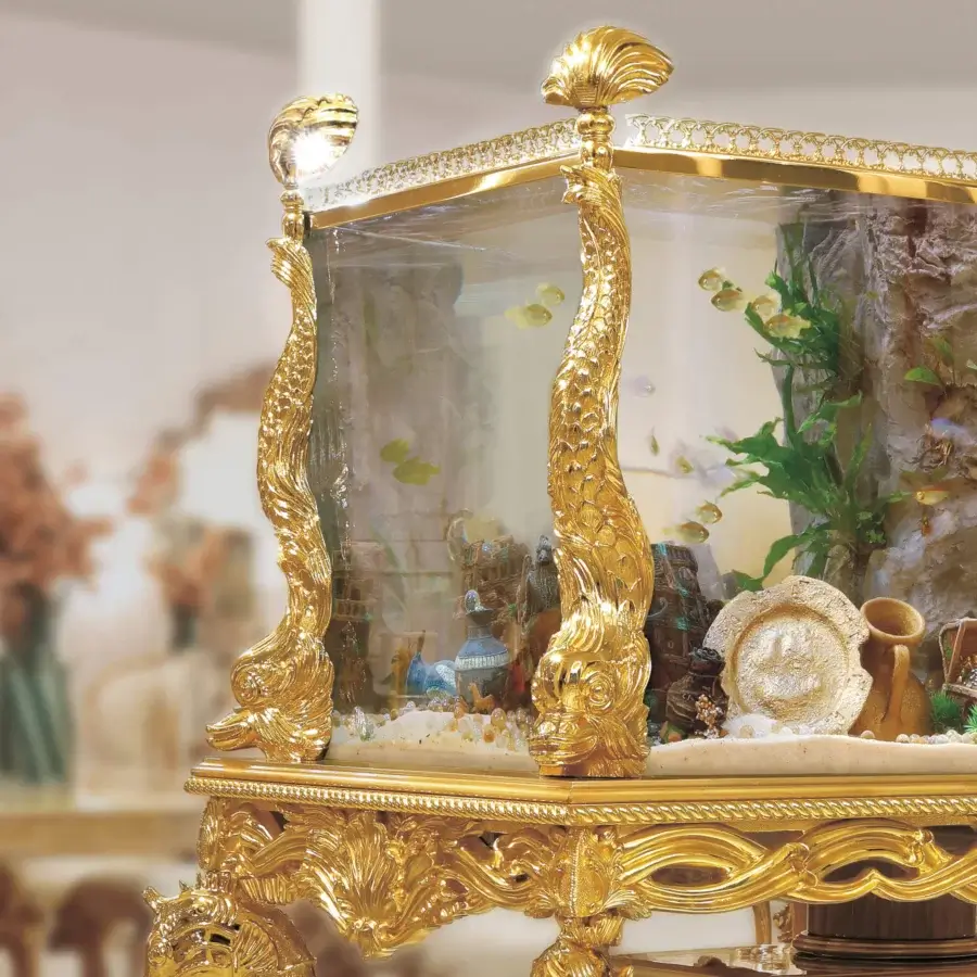 Exquisite Riva Mobili D'Arte 22001 fish tank crafted in solid wood with gold tone finish and hand-carved floral shell embellishments