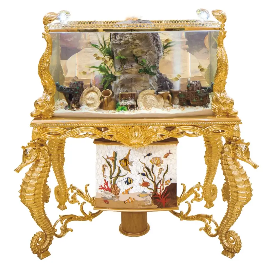 Superior Riva Mobili D'Arte 22001 fish tank built in clear glass with a high-gloss, gold-colored, hand-carved solid wood frame