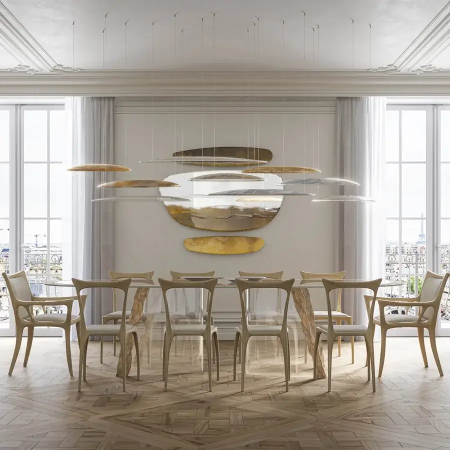 Distinguished Arte Veneziana Mont Blanc table with extra-clear tempered glass and light brown wood, showcasing a delicate Miage finish
