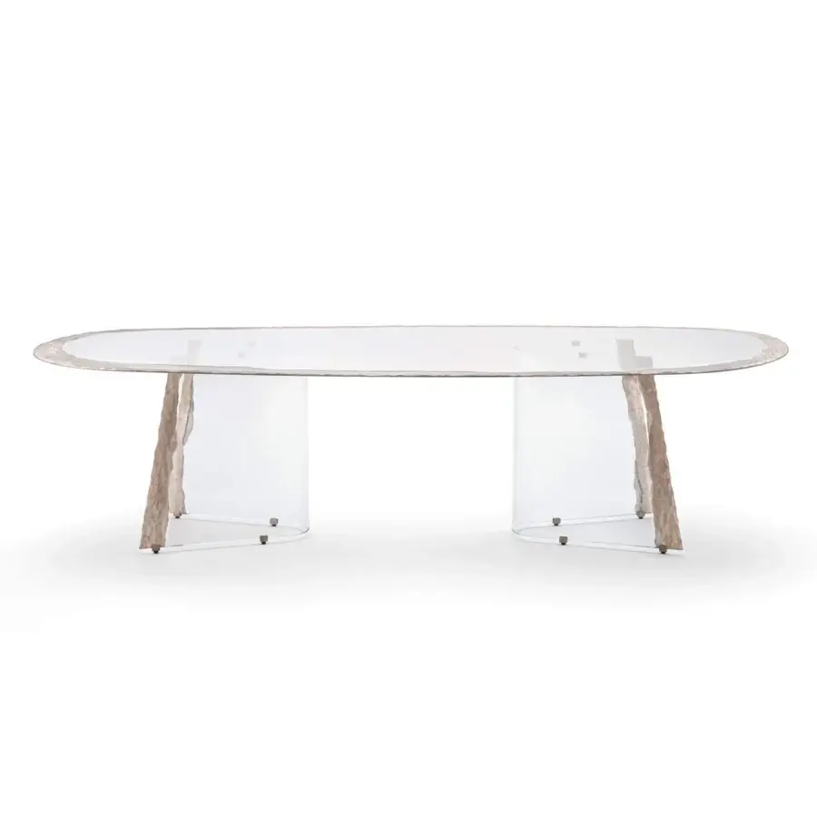 Superior Arte Veneziana Mont Blanc table with extra-clear tempered glass, delicately engraved edges and refined Miage finish