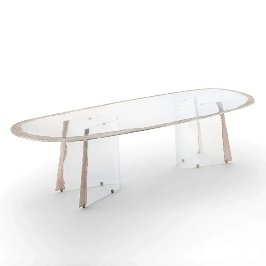 Elegant Arte Veneziana Mont Blanc table with extra-clear tempered glass and gracefully curved legs in Miage finish