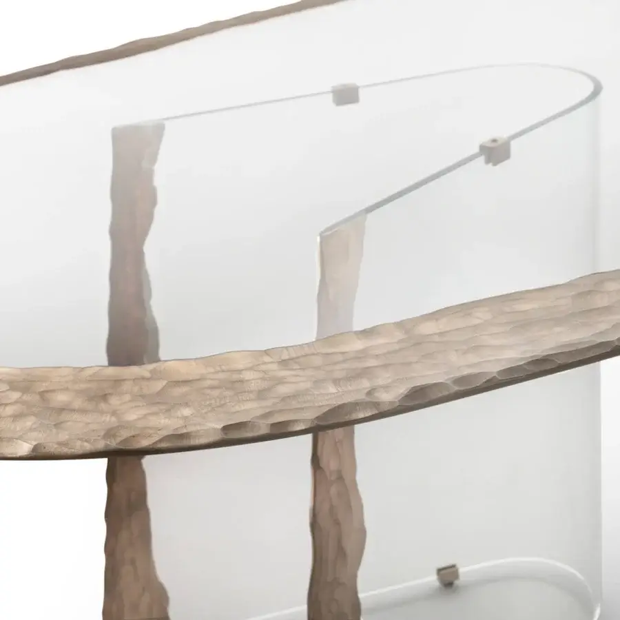 Distinguished Arte Veneziana Mont Blanc table with extra-clear tempered glass, warm brown roughly hewn wood and dark gray metal supports crafted in Miage finish
