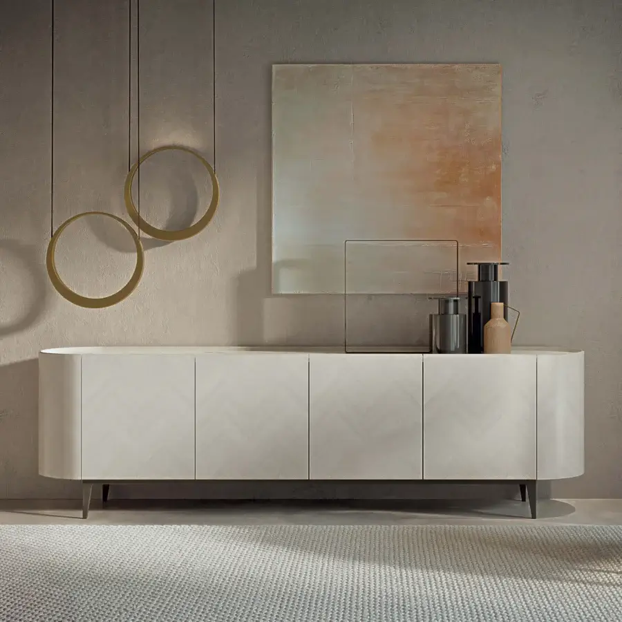 Distinguished Carpanelli Alfea sideboard with pale beige wood, subtle chevron pattern and hand-stitched leather detailing in a smooth matte finish