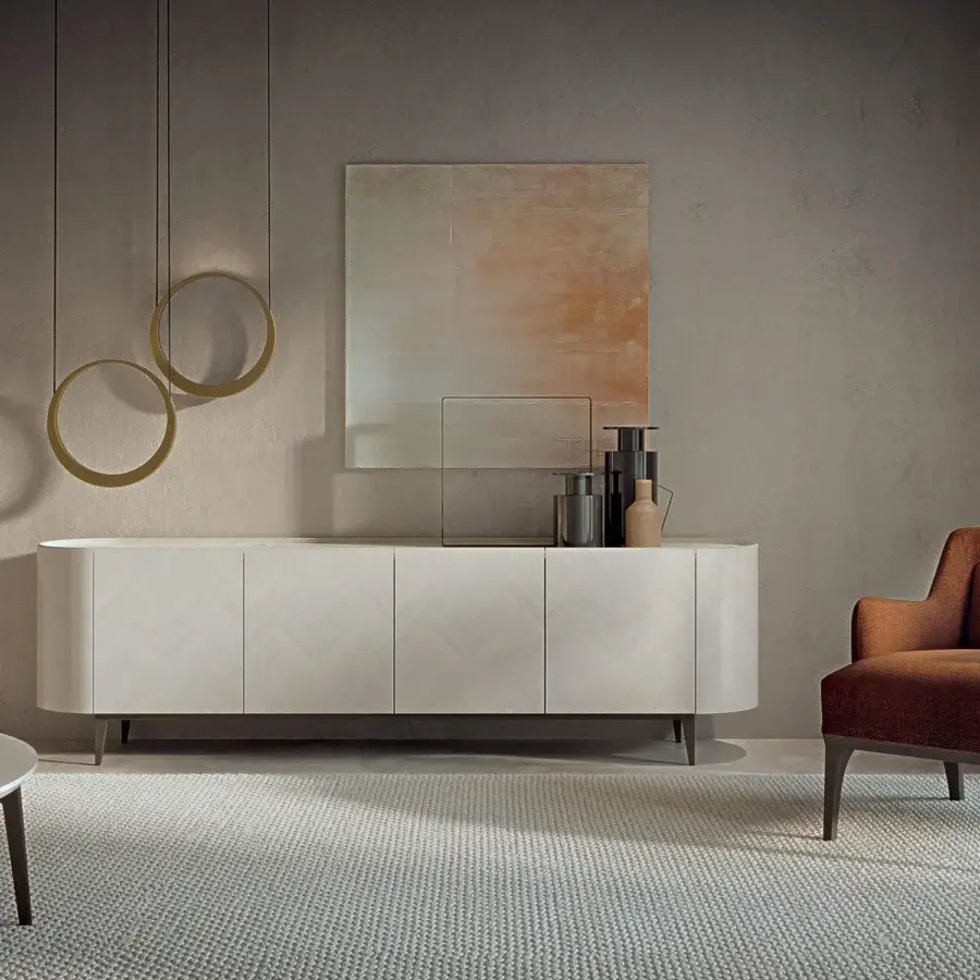 Elegant Carpanelli Alfea sideboard crafted in light beige wood with a satin finish and chevron pattern