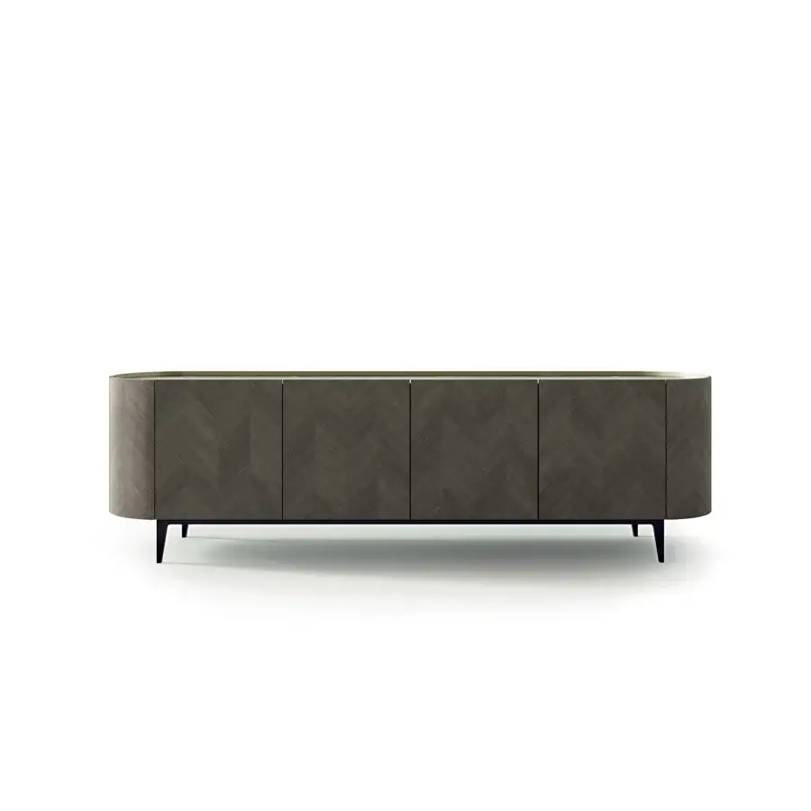 Distinguished Carpanelli Alfea sideboard built in medium brown wood with herringbone detail and olive-green outline with satin finish