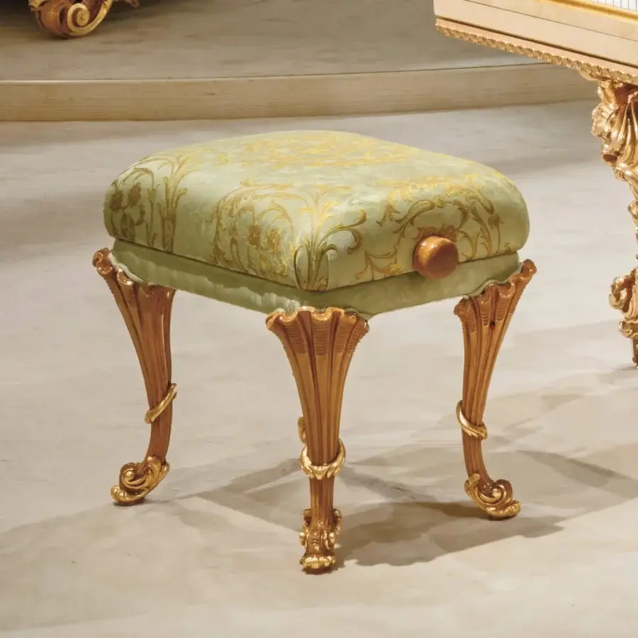 Lavish Riva Mobili D'Arte 19800 stool with pale green floral upholstery and gilded wood carvings