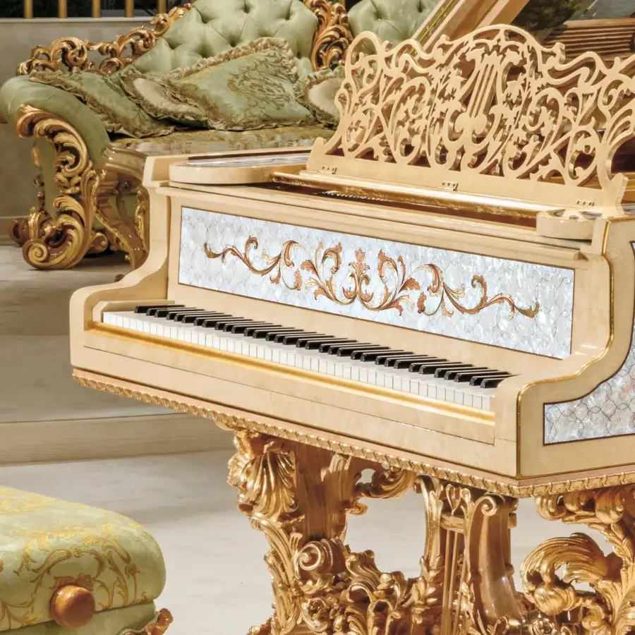 Distinguished Riva Mobili D'Arte 19800 piano with creamy beige and gold-toned hand-carved decorations plus luminous mother-of-pearl inlays and high-gloss sheen