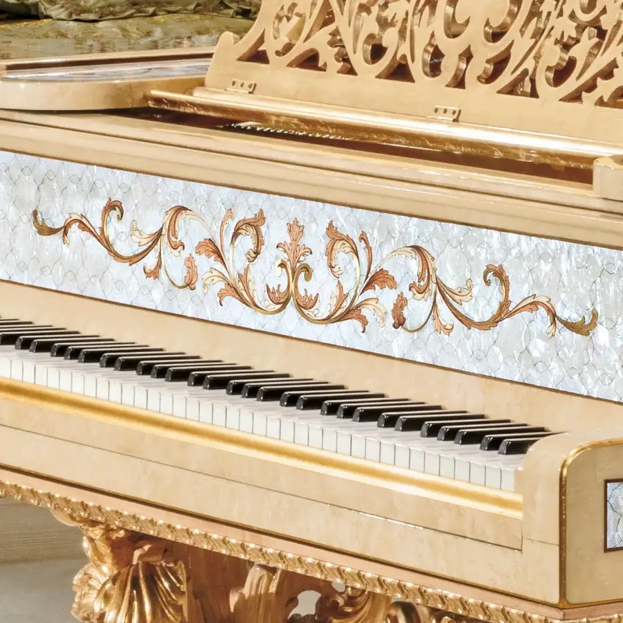 Exquisite Riva Mobili D'Arte 19800 piano crafted in warm beige-gold with luminous mother-of-pearl inlay and glossy finish