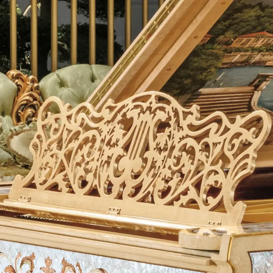 Distinguished Riva Mobili D'Arte 19800 piano crafted in golden-brown wood with glossy finish and ornate scrolling floral motifs with mother-of-pearl inlays