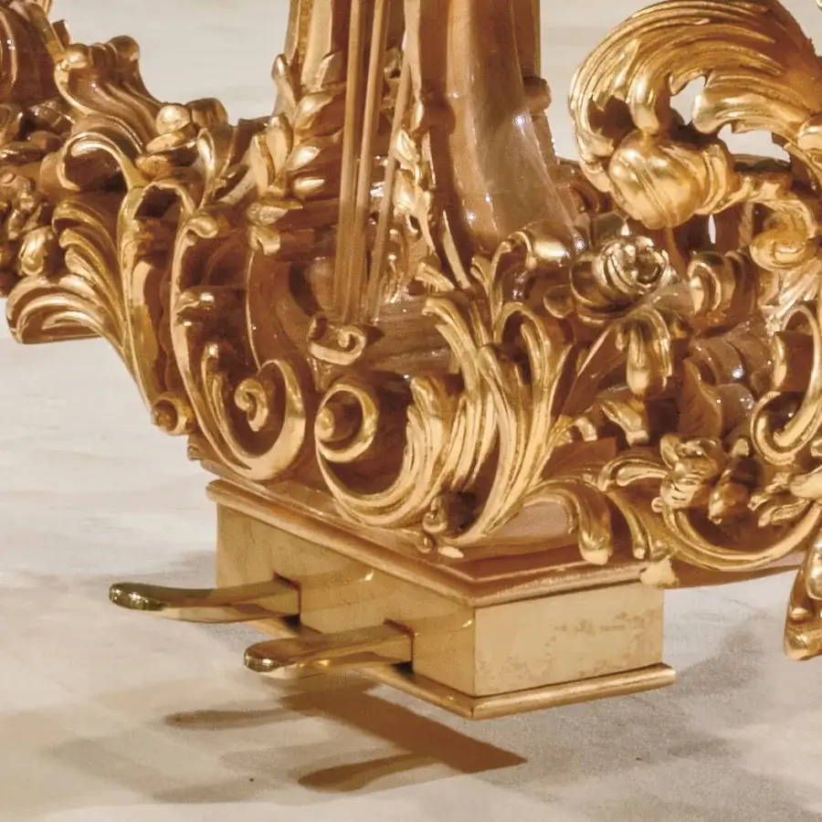 Lavish Riva Mobili D'Arte 19800 piano crafted in golden tone with luminous mother-of-pearl inlays and ornate carvings