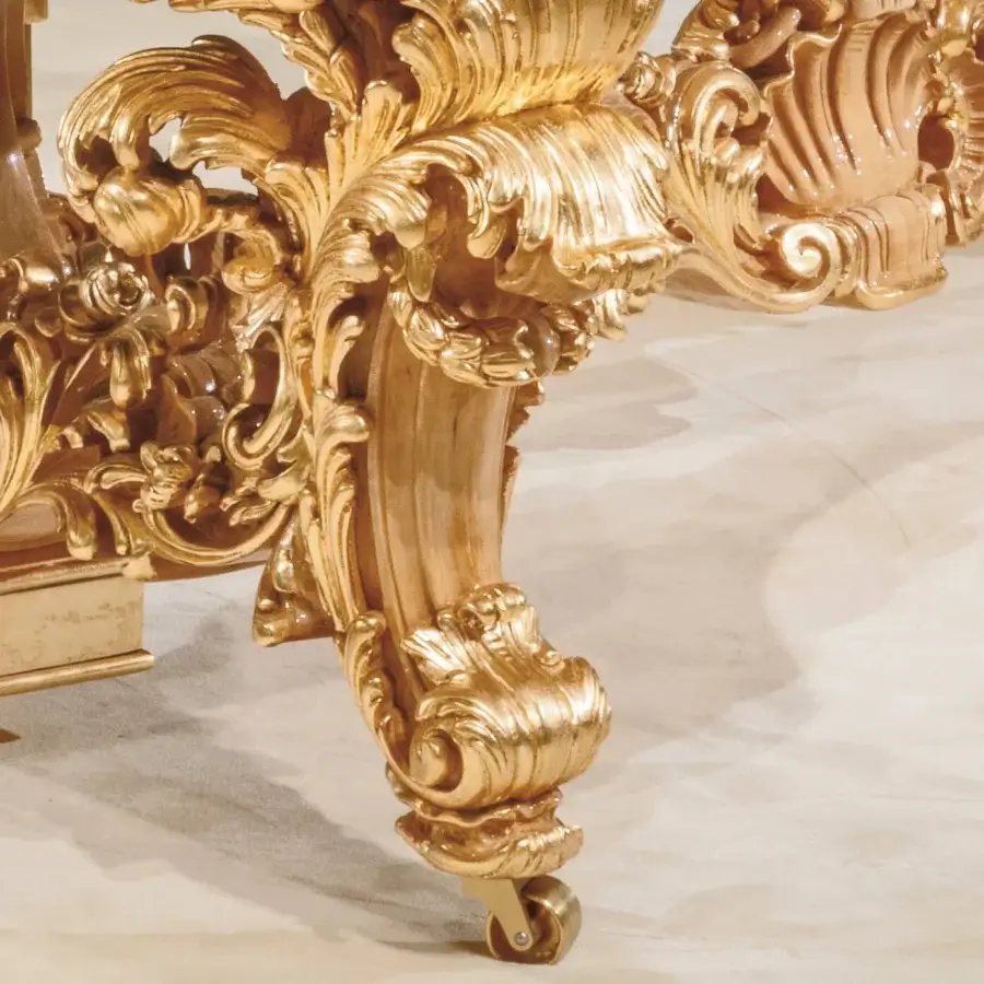 Superior Riva Mobili D'Arte 19800 piano crafted in gilded tone with refined carvings and mother-of-pearl inlays exhibiting a glossy finish