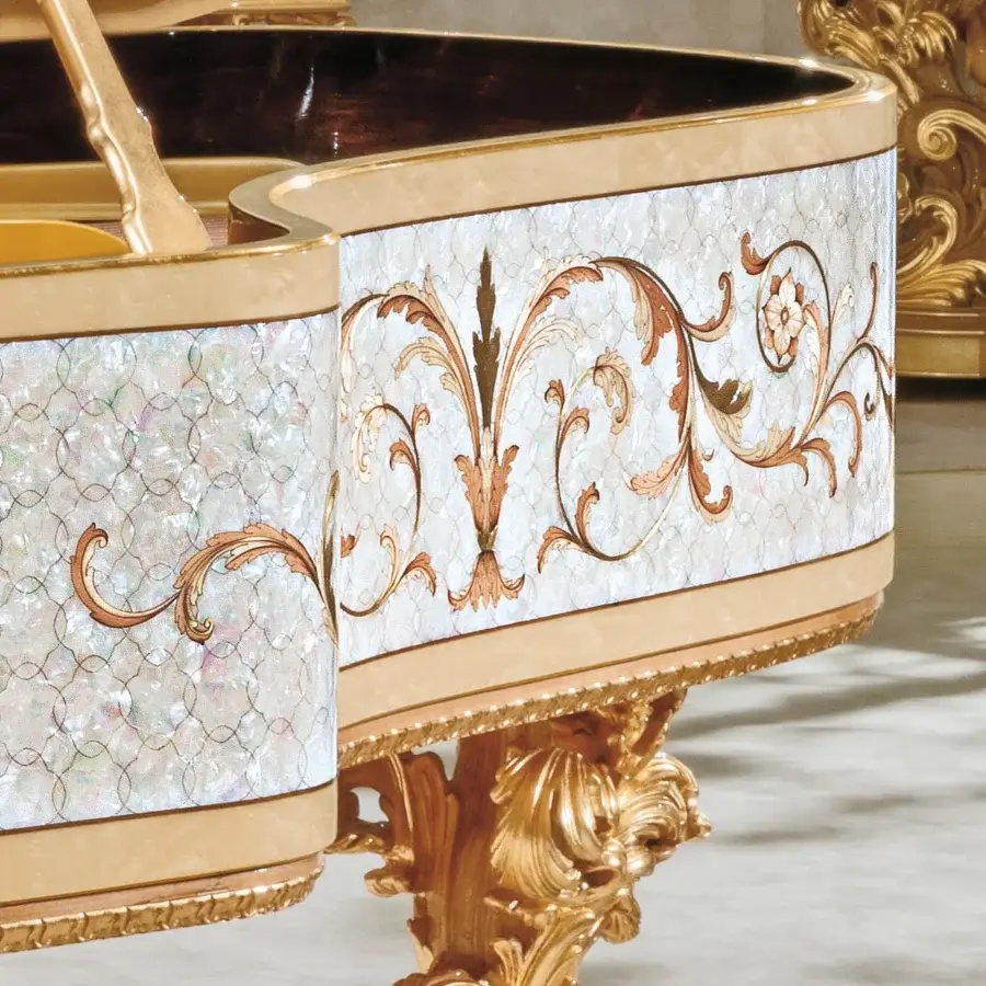 Exquisite Riva Mobili D'Arte 19800 piano crafted in creamy off-white with luminous mother-of-pearl inlays and opulent gold accents with high-gloss finish