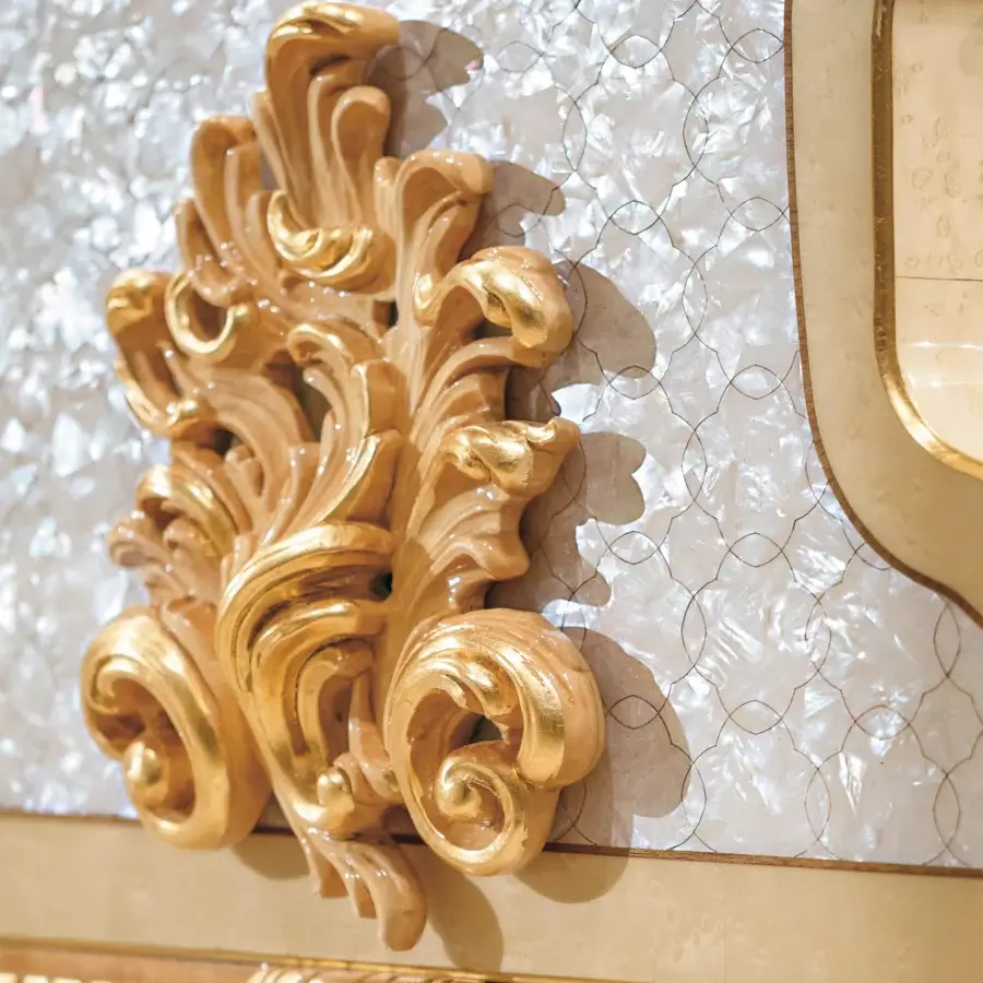 Superior Riva Mobili D'Arte 19800 piano built with hand-carved decorations and luminous mother-of-pearl in a glossy golden coating