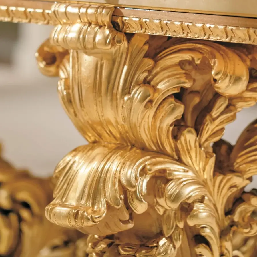 Exquisite Riva Mobili D'Arte 19800 piano built with glossy bright gold finish and hand-carved scrolling foliage motifs
