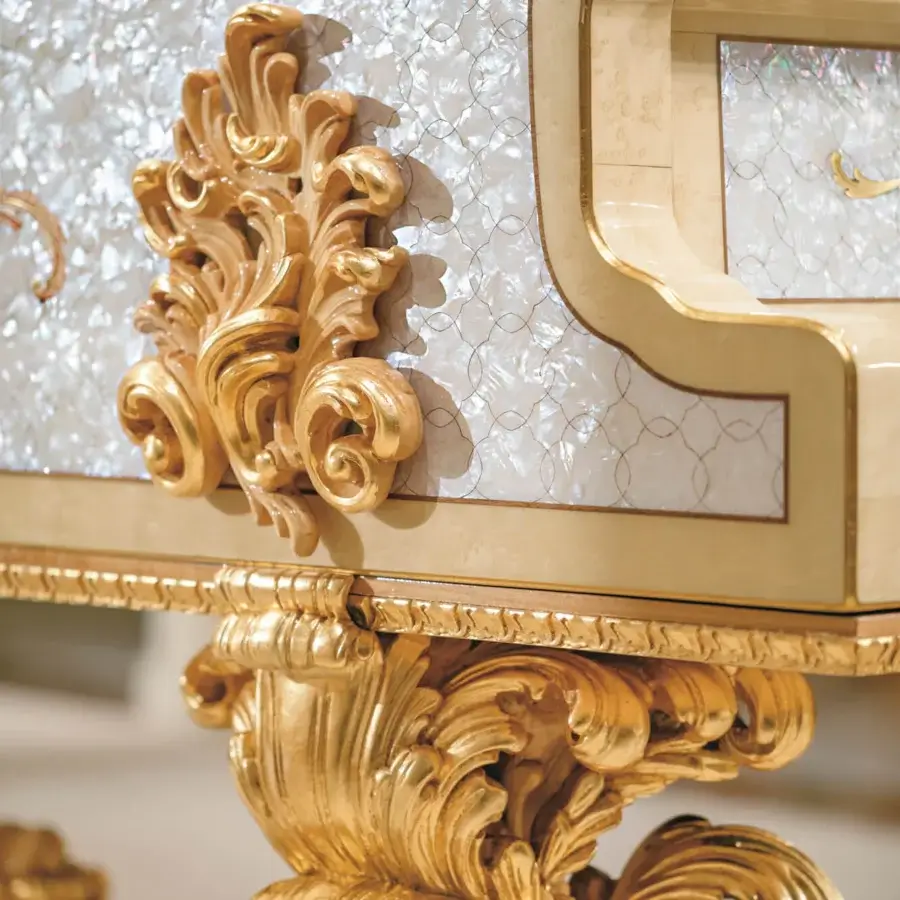 Distinguished Riva Mobili D'Arte 19800 piano crafted with luminous mother-of-pearl inlays and high-gloss gold-toned coating