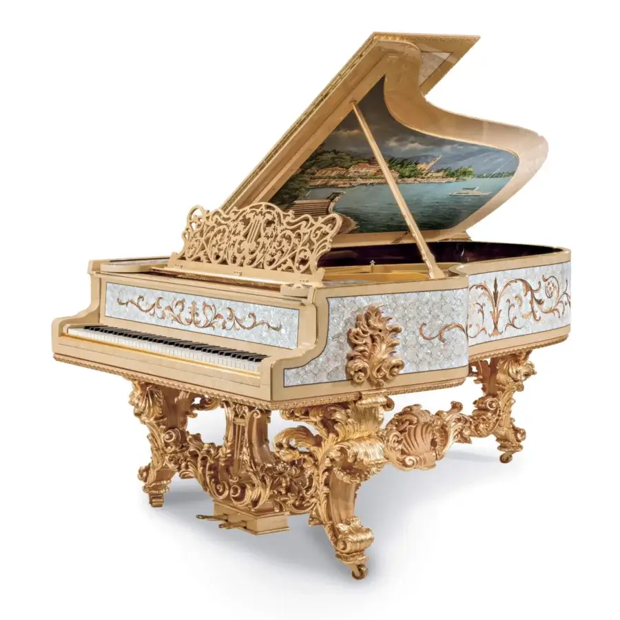 Luxury Riva Mobili D'Arte 19800 piano crafted in creamy off-white with gilded elements and luminous mother-of-pearl inlays