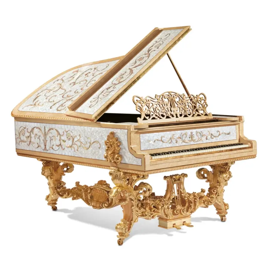 Distinguished Riva Mobili D'Arte 19800 piano crafted in bright white with luminous mother-of-pearl and opulent gold-toned detailing