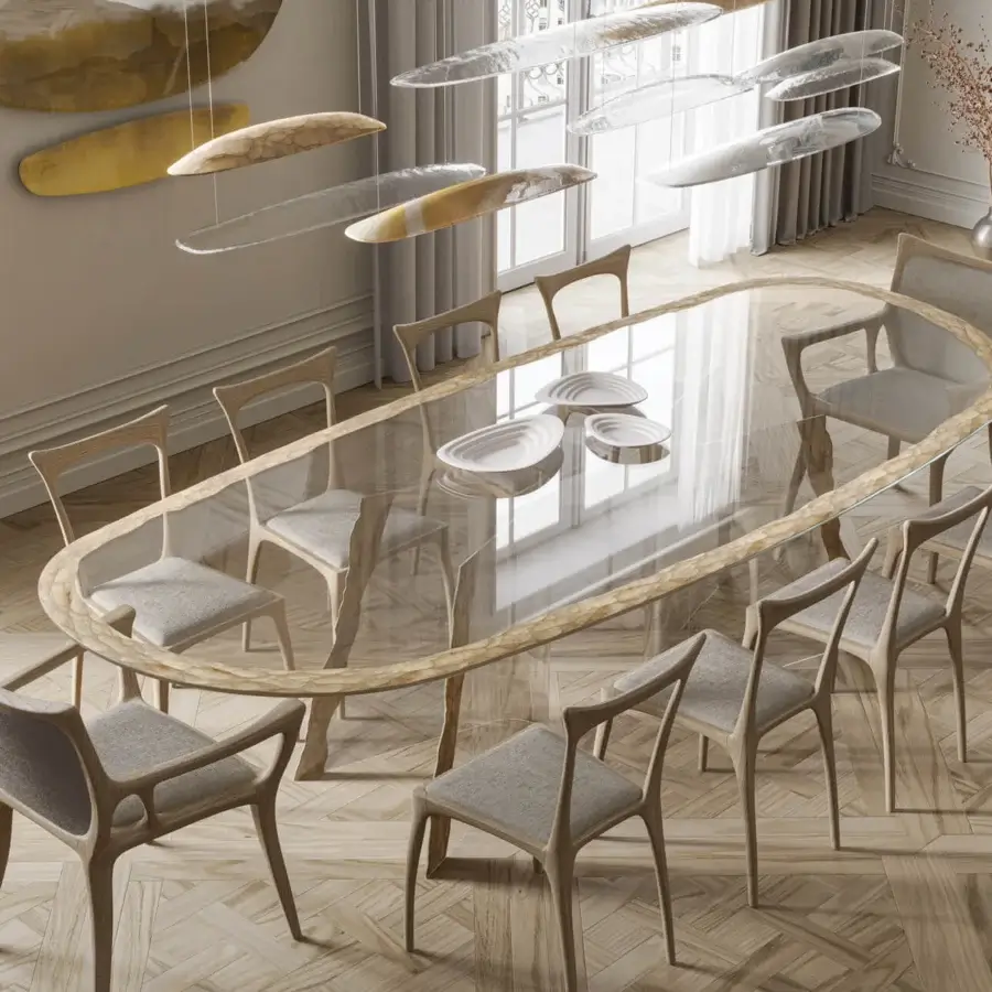 Elegant Arte Veneziana Mont Blanc table with gracefully curved frame and extra-clear tempered glass, crafted in light beige wood with Miage finish